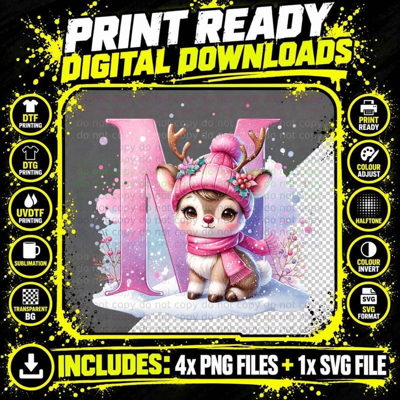 Cute Pink Christmas Reindeer Letter M Winter Snowflake Png SVG Digital Bundle