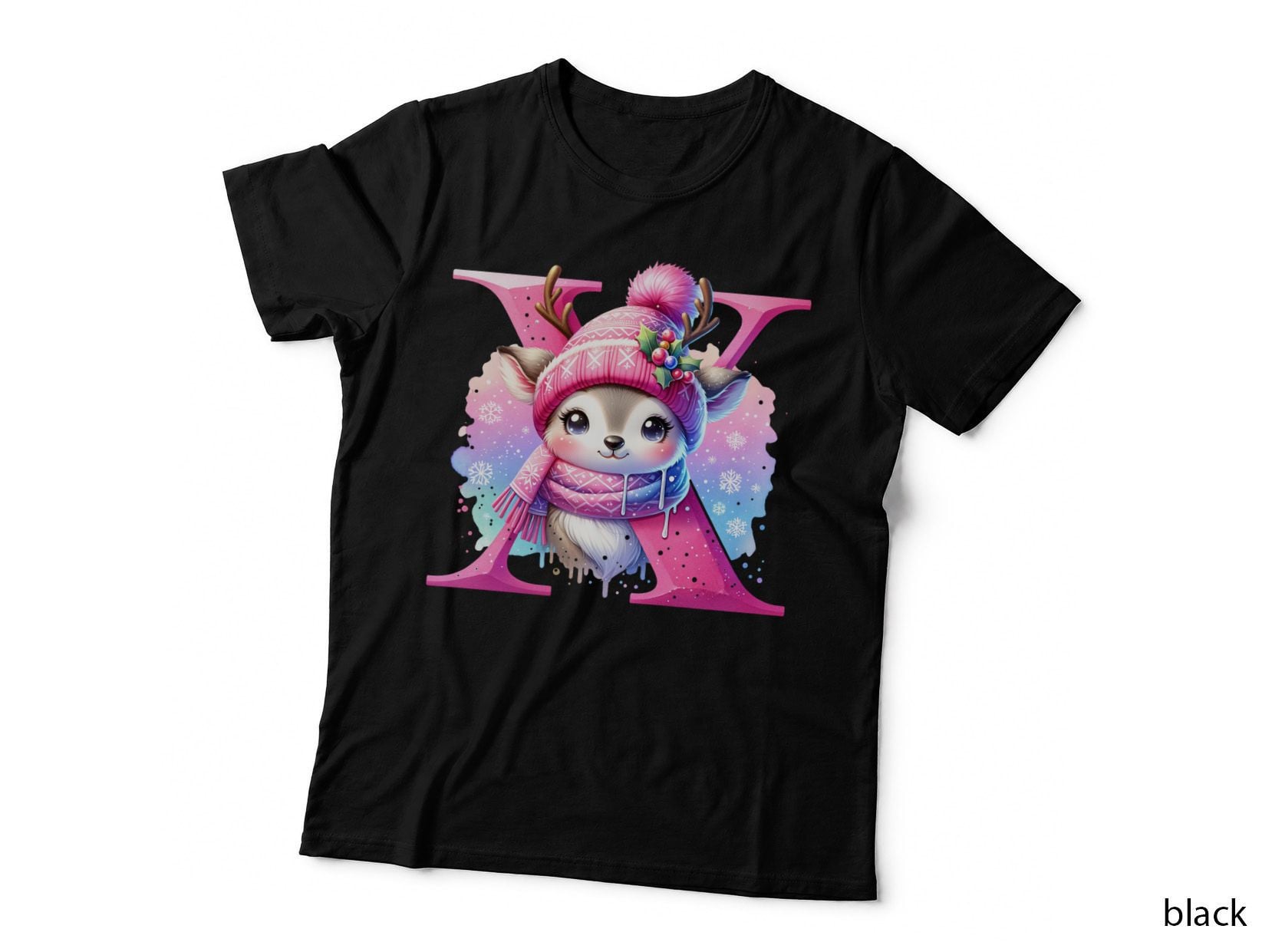 Cute Pink Christmas Reindeer Letter X Winter Snowflake Holiday Design T-Shirt