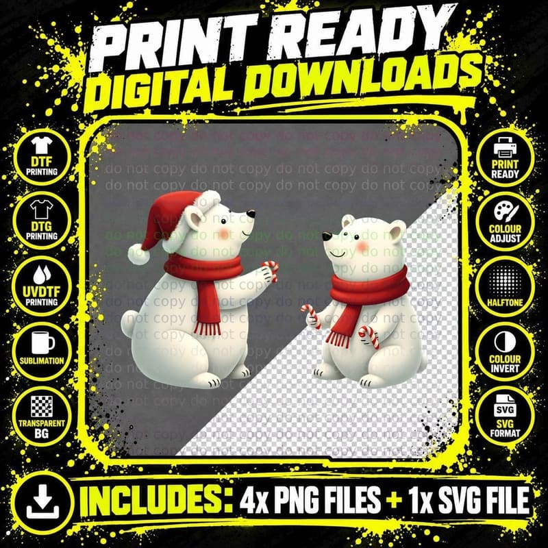 Cute Polar Bears Santa Hat Candy Cane Christmas Holiday Png SVG Digital Bundle