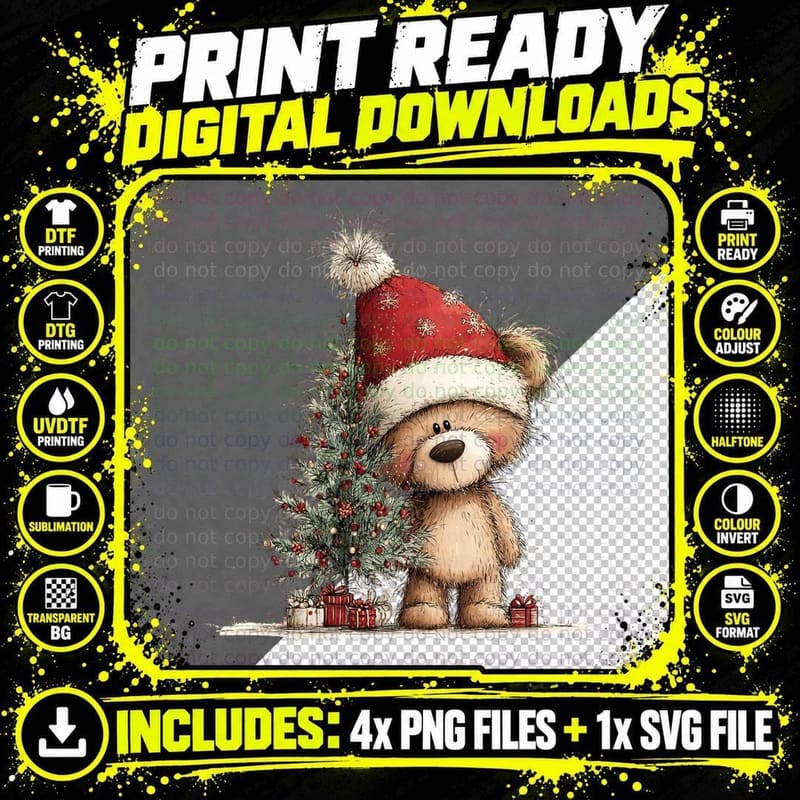 Cute Santa Bear by Decorated Christmas Tree Winter Png SVG Digital Bundle