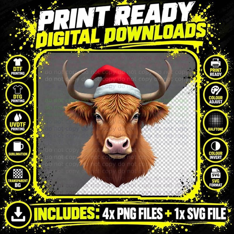 Cute Shaggy Highland Cow Santa Hat T-Shirt Png SVG Digital Bundle