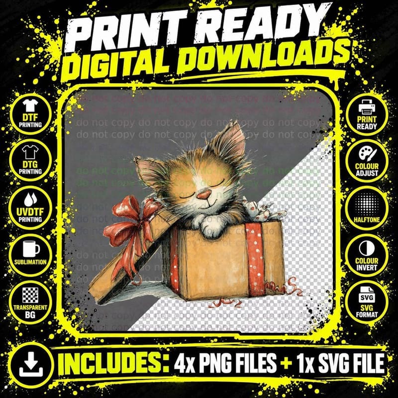 Cute Sleeping Kitten in Gift Box Christmas Present Cat Png SVG Digital Bundle