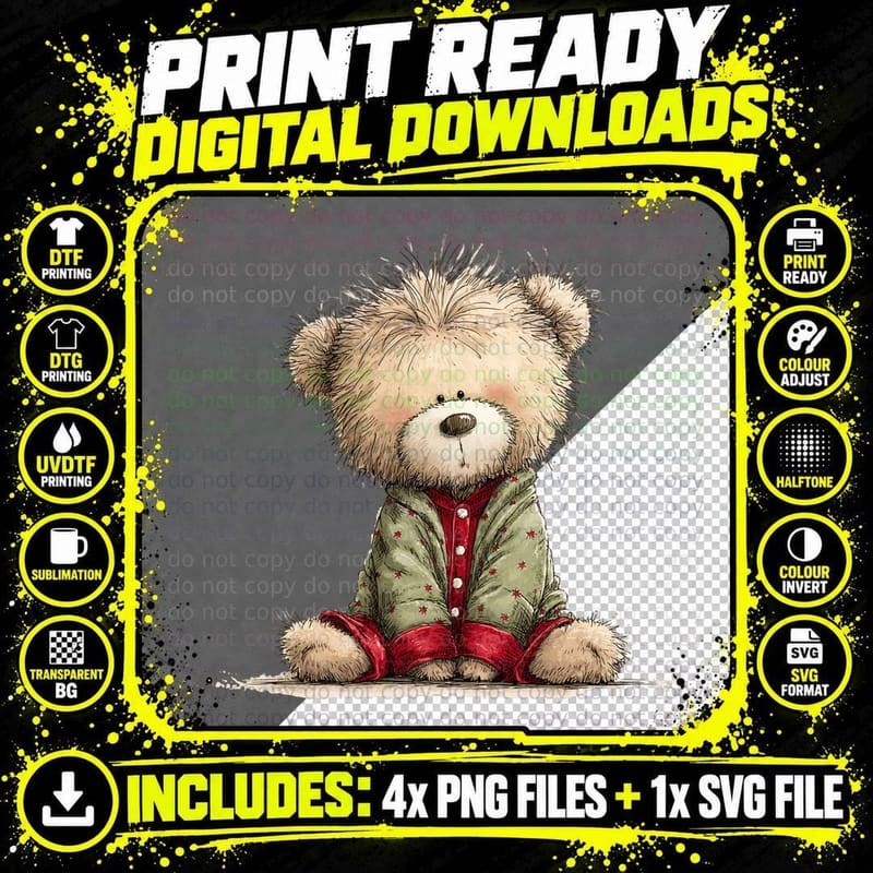 Cute Sleepy Teddy Bear in Pajamas Cozy Christmas Morning Png SVG Digital Bundle