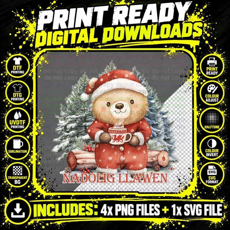 Cute Welsh Christmas Bear Nadolig Llawen Winter Holiday Png SVG Digital Bundle
