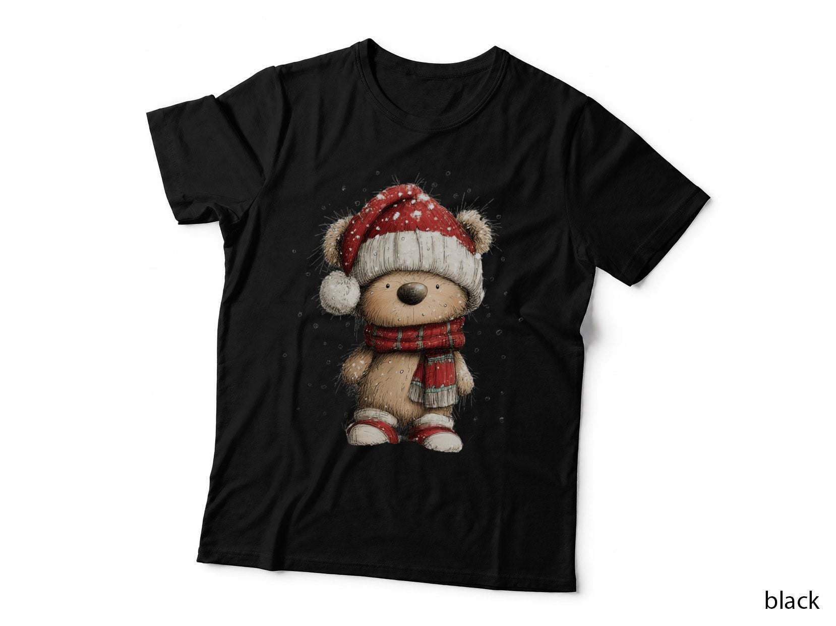 Cute Winter Teddy Bear in Red Knit Hat and Scarf Snowy Christmas T-Shirt