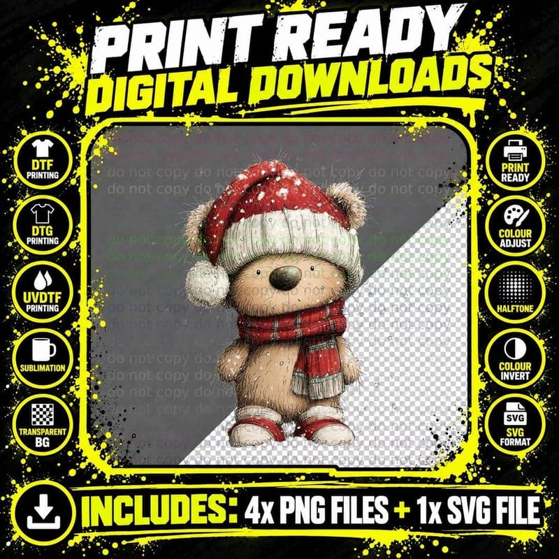 Cute Winter Teddy Bear in Red Knit Hat and Scarf Snowy Png SVG Digital Bundle
