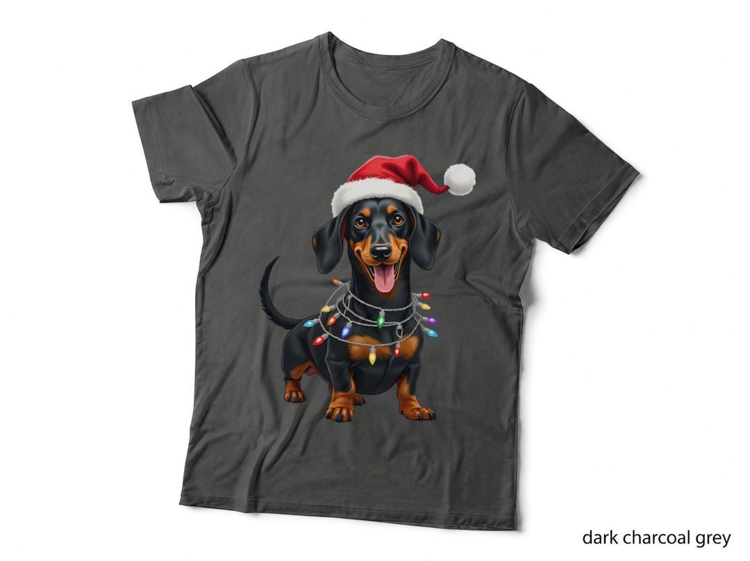 Dachshund Christmas Lights Santa Hat Festive Whimsical Adorable Holiday T-Shirt