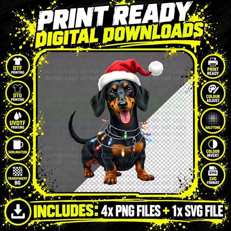 Dachshund Christmas Lights Santa Hat Festive Whimsical Png SVG Digital Bundle