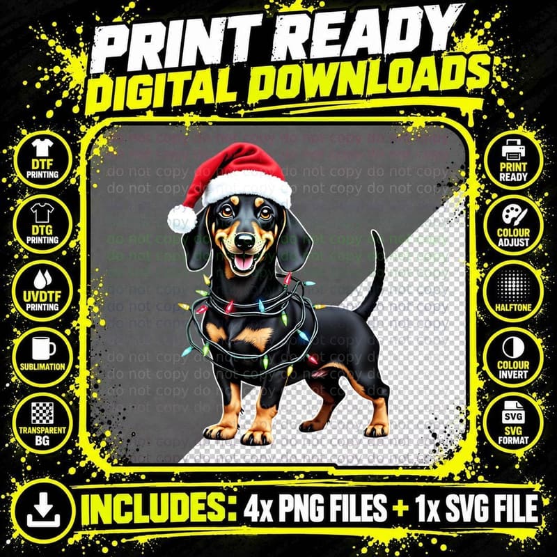 Dachshund Christmas Lights Santa Hat Joyful Festive Png SVG Digital Bundle
