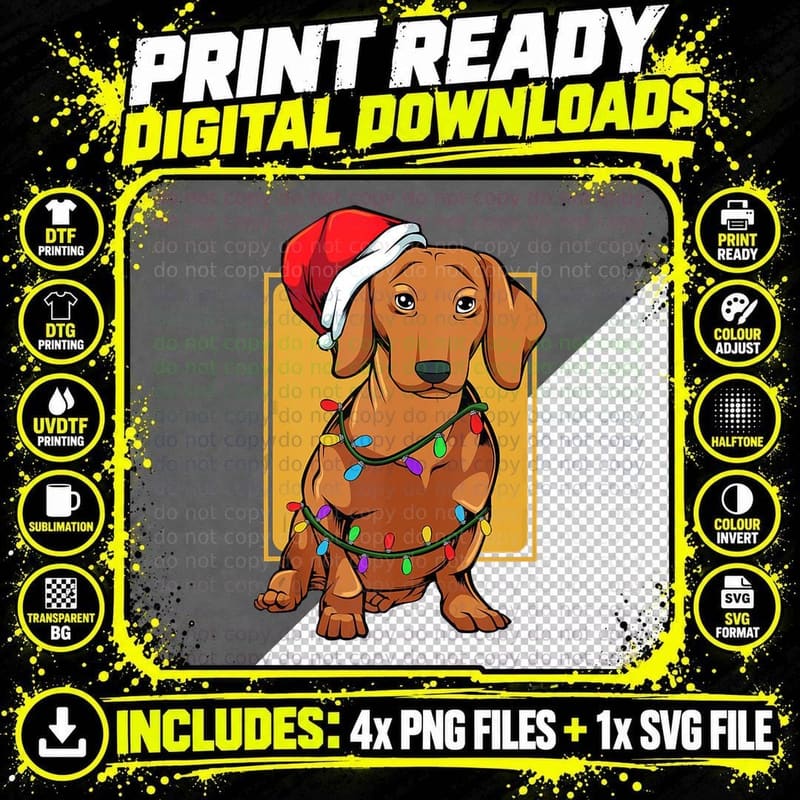 Dachshund Santa Christmas Light Wiener Dog Animal Lover Png SVG Digital Bundle