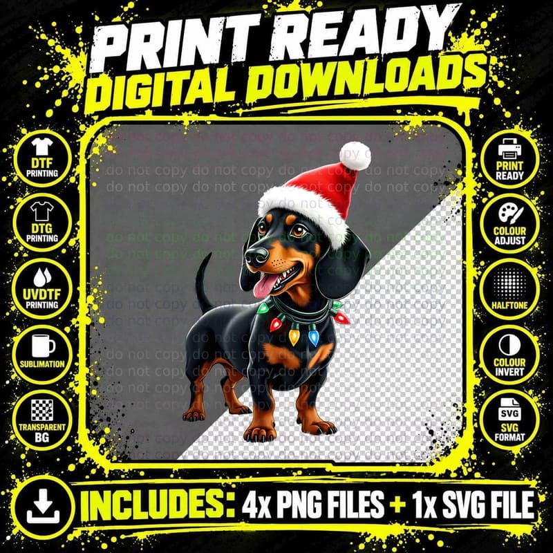 Dachshund Wrapped in Christmas Lights Santa Hat Festive Png SVG Digital Bundle