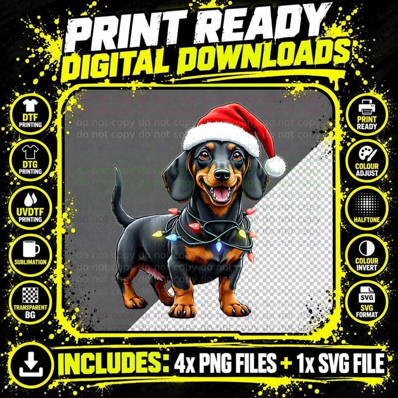 Dachshund Wrapped in Christmas Lights Santa Hat Funny Png SVG Digital Bundle