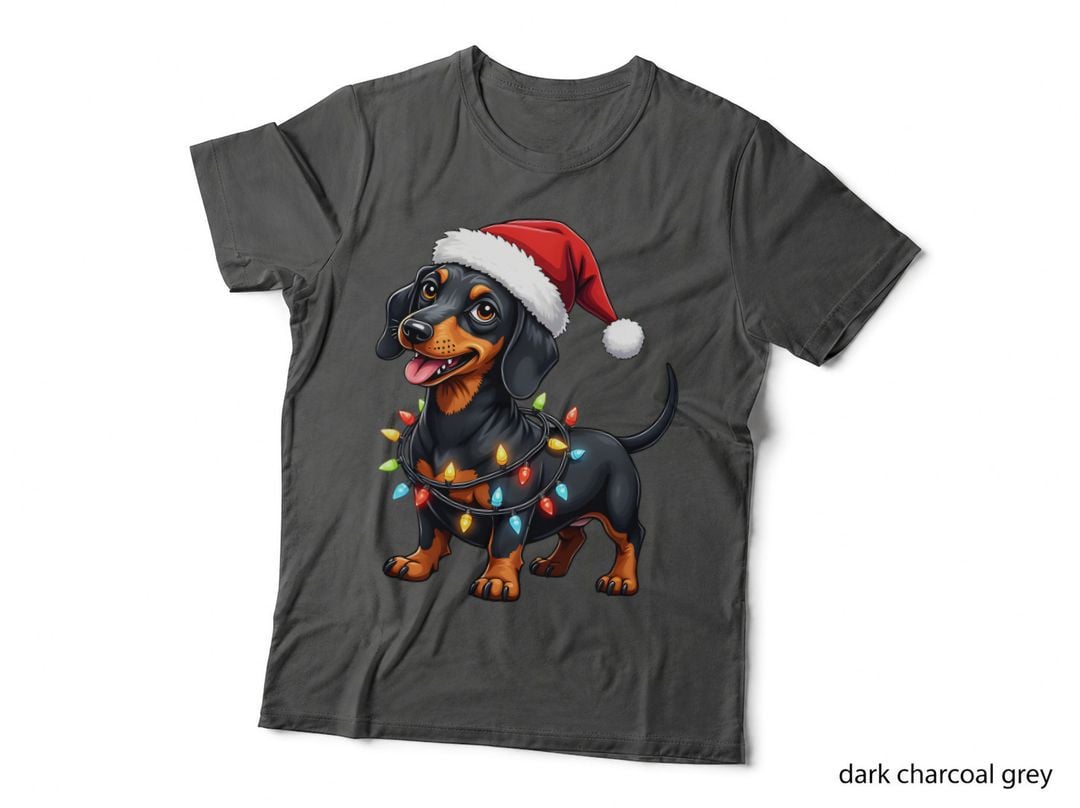 Dachshund Wrapped in Xmas Lights Santa Hat Funny Christmas Holiday Gift T-Shirt