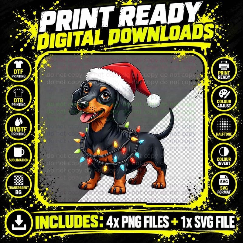 Dachshund Wrapped in Xmas Lights Santa Hat Funny Png SVG Digital Bundle