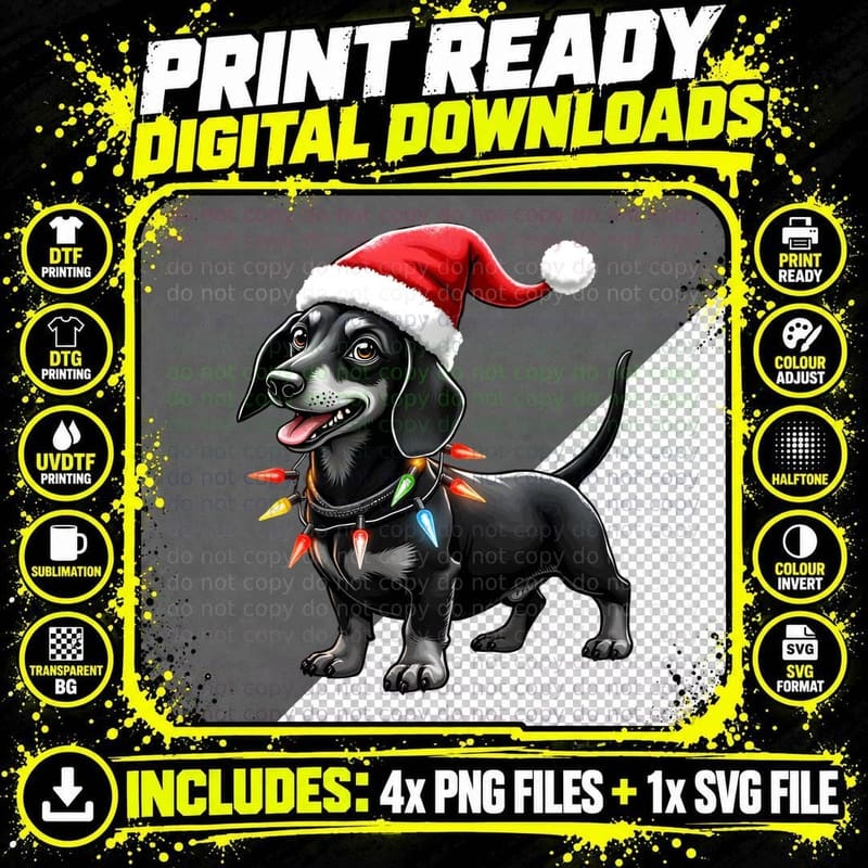 Dachshund Xmas Lights Santa Hat Black White Holiday Png SVG Digital Bundle