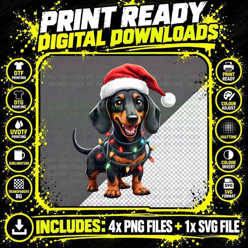 Dachshund Xmas Lights Santa Hat Funny Christmas Festive Png SVG Digital Bundle