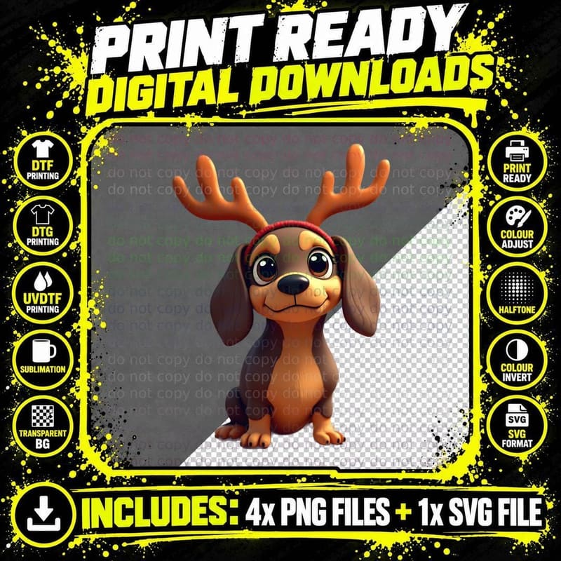 Dachshund with Reindeer Antlers T-Shirt Png SVG Digital Bundle