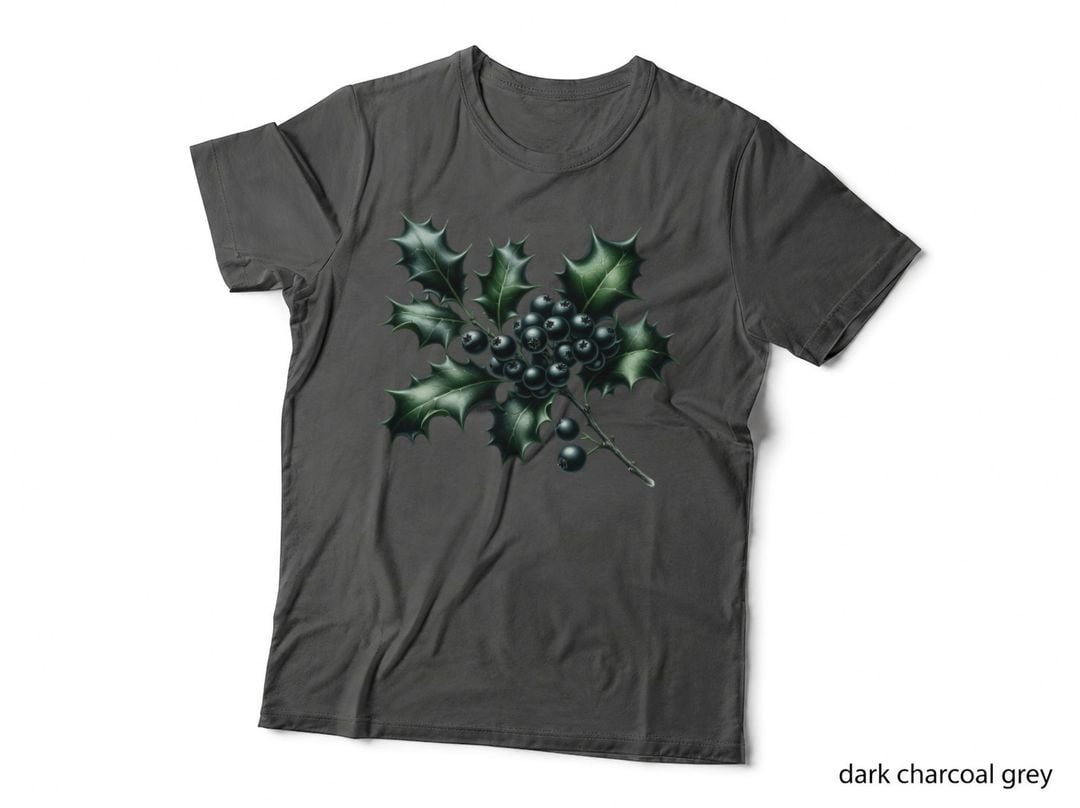Dark Gothic Holly Black Berries Macabre Christmas Botanical Aesthetic T-Shirt