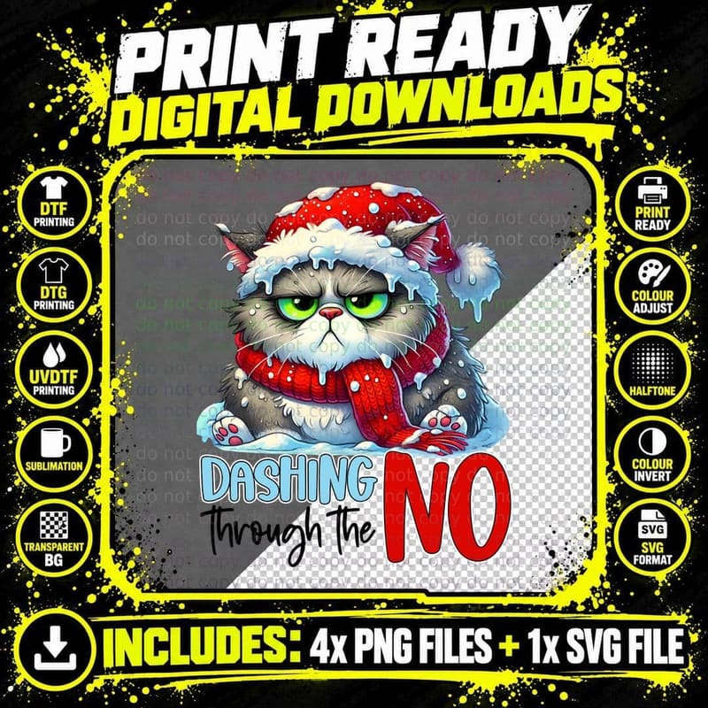 Dashing Through the NO Grumpy Cat in Santa Hat Funny Png SVG Digital Bundle