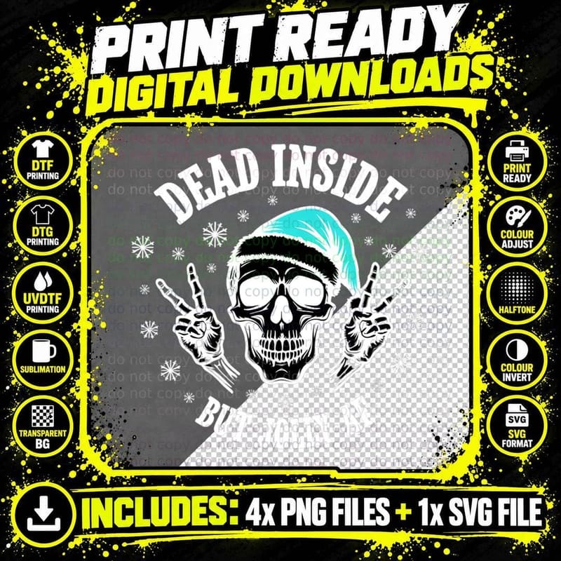 Dead Inside but Jolly AF Skull Peace Sign Christmas Png SVG Digital Bundle