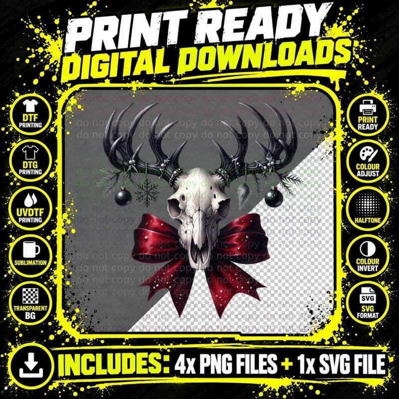 Deer Skull Gothic Christmas Red Bow Dark Holiday Macabre Png SVG Digital Bundle