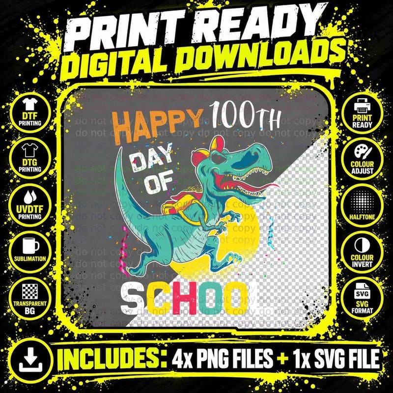 Dinosaur Happy Th Day of School Shirt, Festive, Colorful Png SVG Digital Bundle