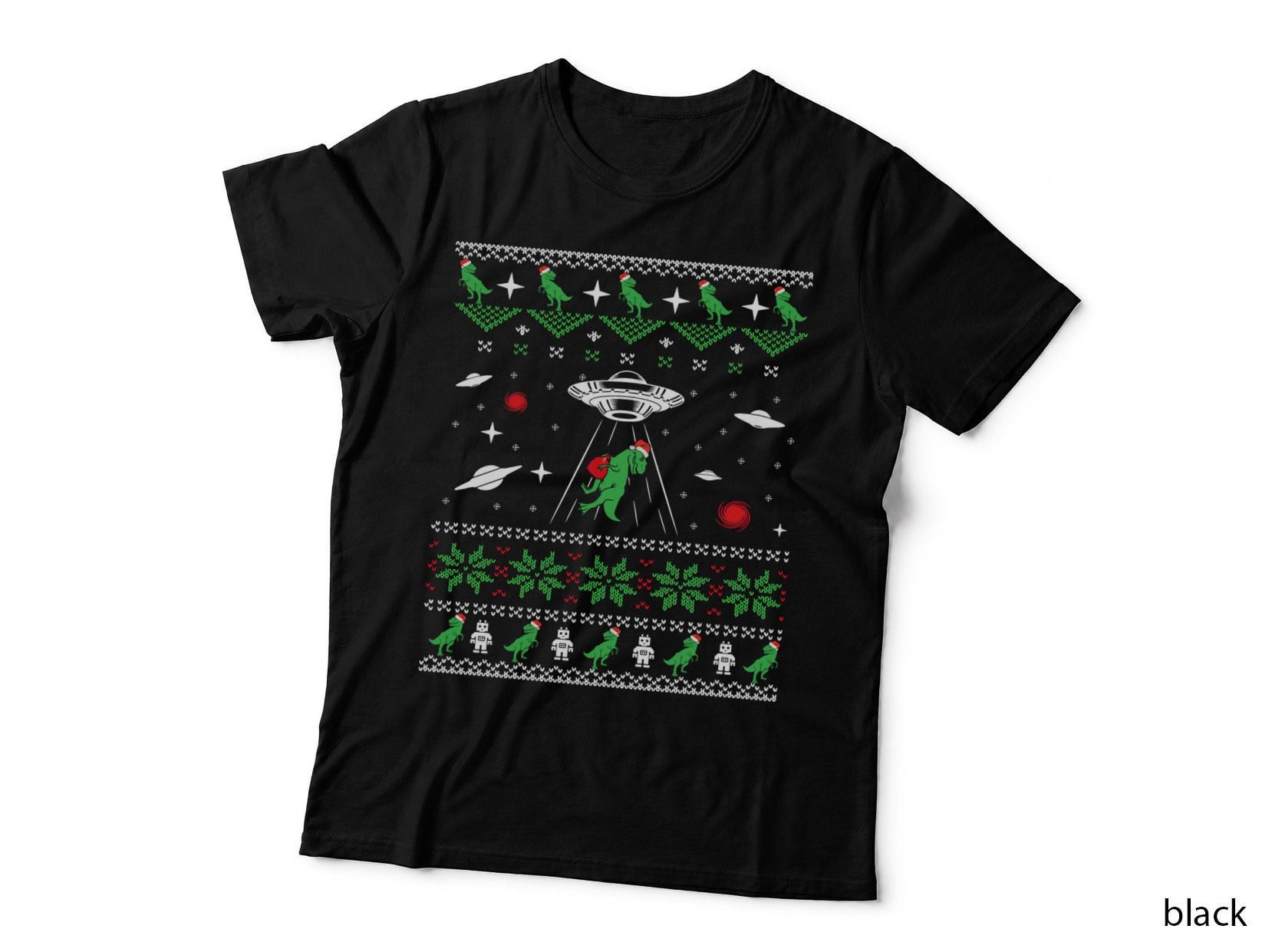 Dinosaur Ugly Christmas Sweater Alien UFO T-Rex Abduction T-Shirt
