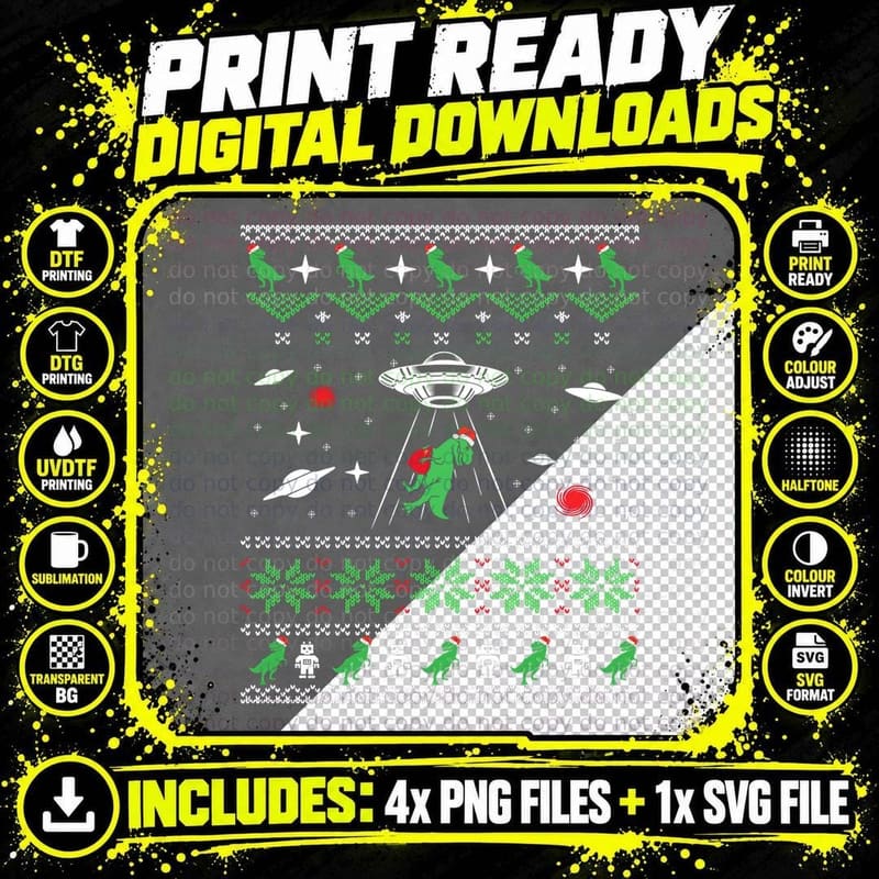 Dinosaur Ugly Christmas Sweater Alien UFO T-Rex Png SVG Digital Bundle