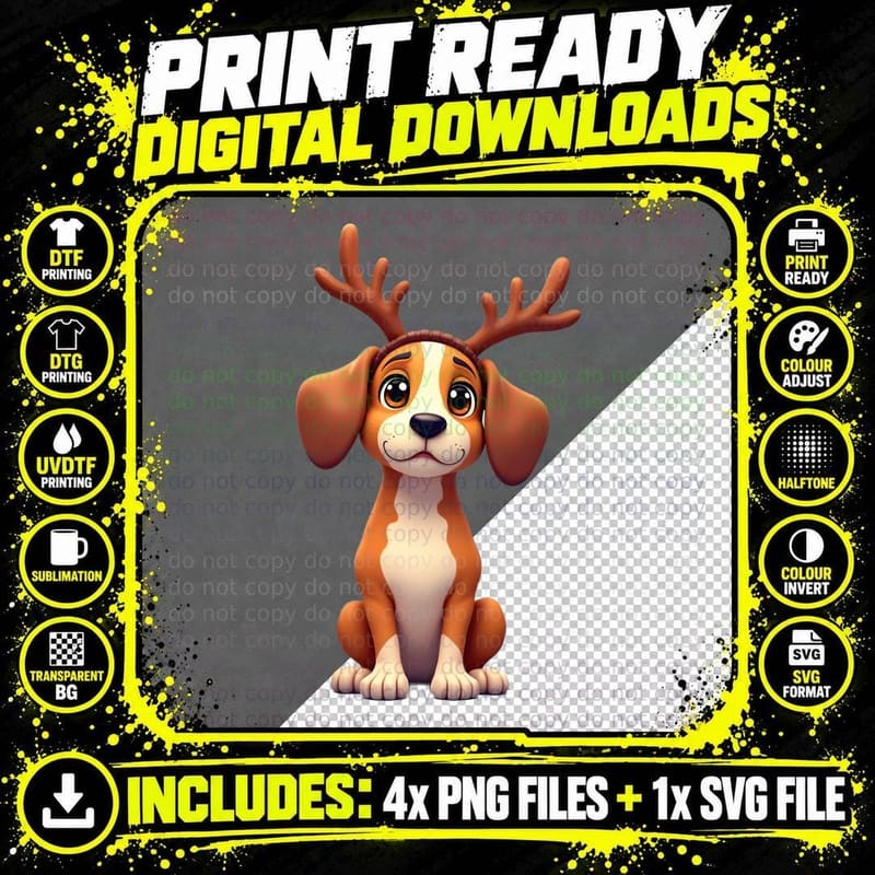 Dog in a Reindeer Antler Headband T-Shirt Png SVG Digital Bundle