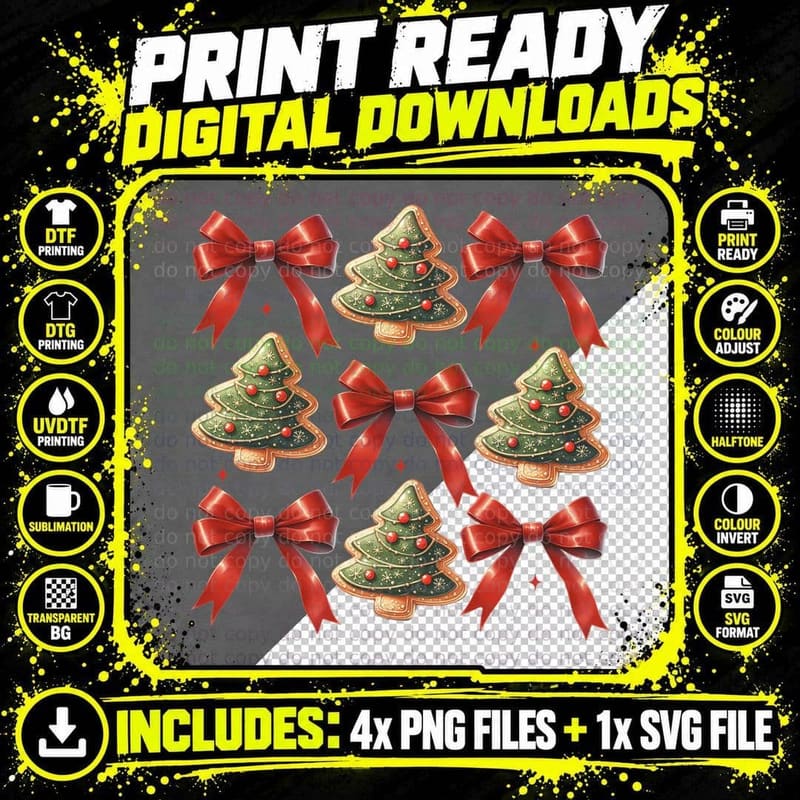 Festive Christmas Tree Cookie and Red Bow Pattern Png SVG Digital Bundle
