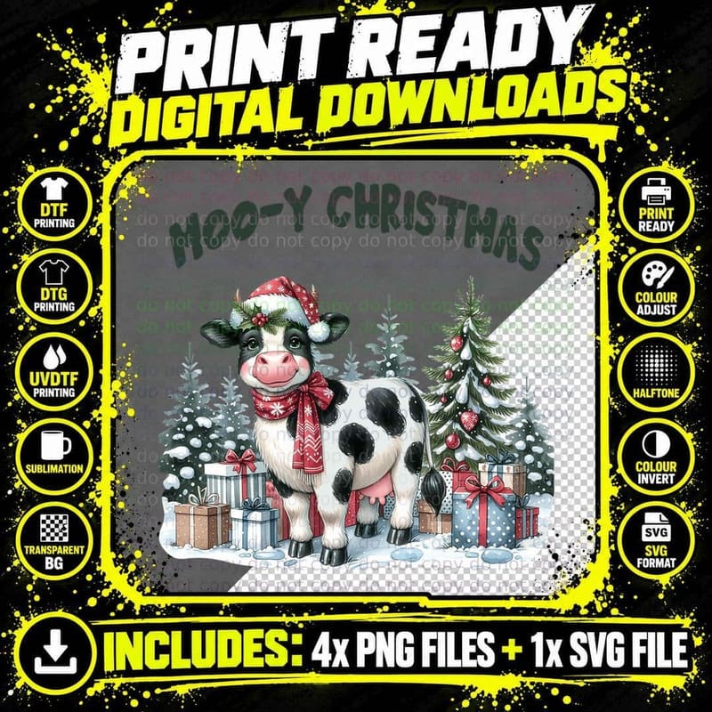 Festive Cow in Santa Hat with Gifts and Trees Retro Png SVG Digital Bundle