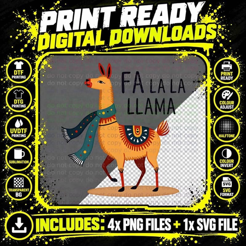 Festive Fa La La Llama Christmas Scarf T-Shirt Png SVG Digital Bundle