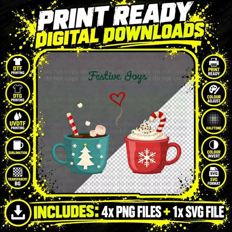 Festive Joys Christmas Mugs Hot Cocoa & Candy Cane Png SVG Digital Bundle
