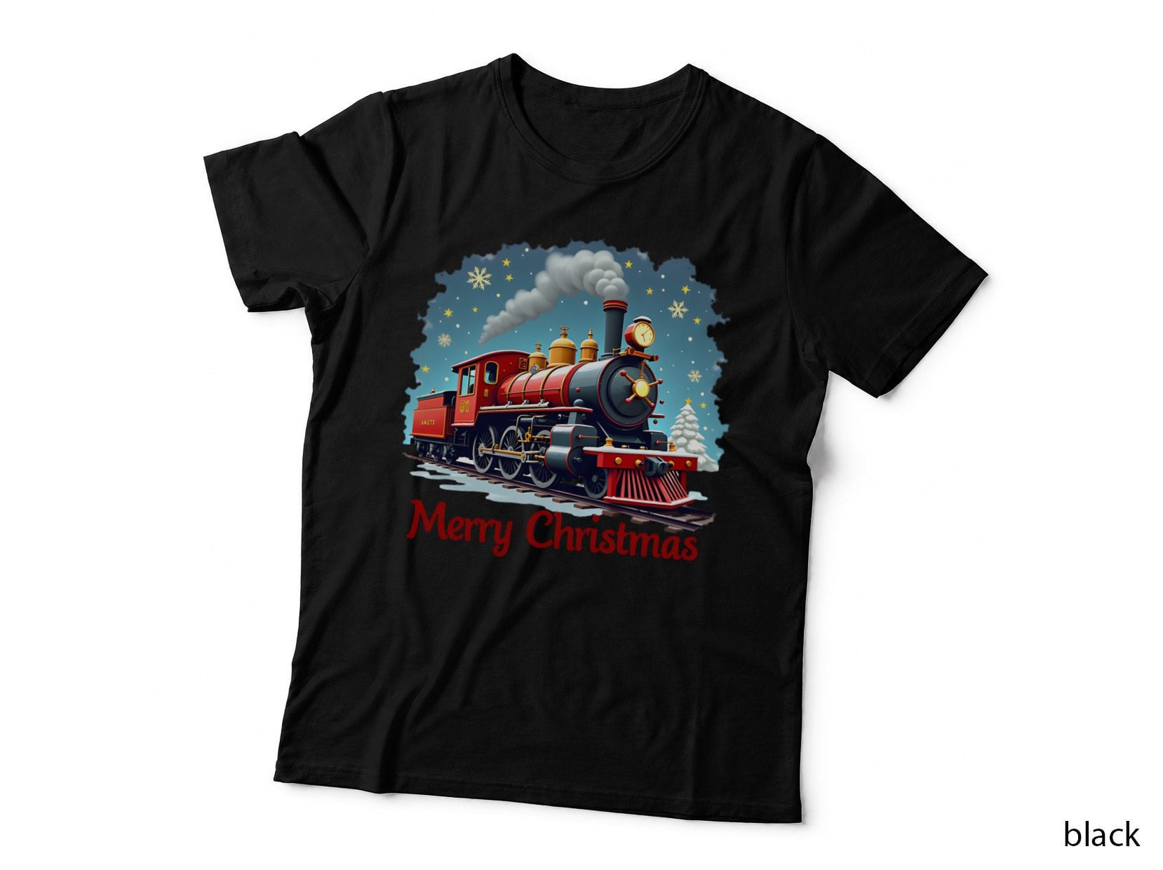 Festive Merry Christmas Locomotive Train Stars Snowflakes Winter Holiday T-Shirt