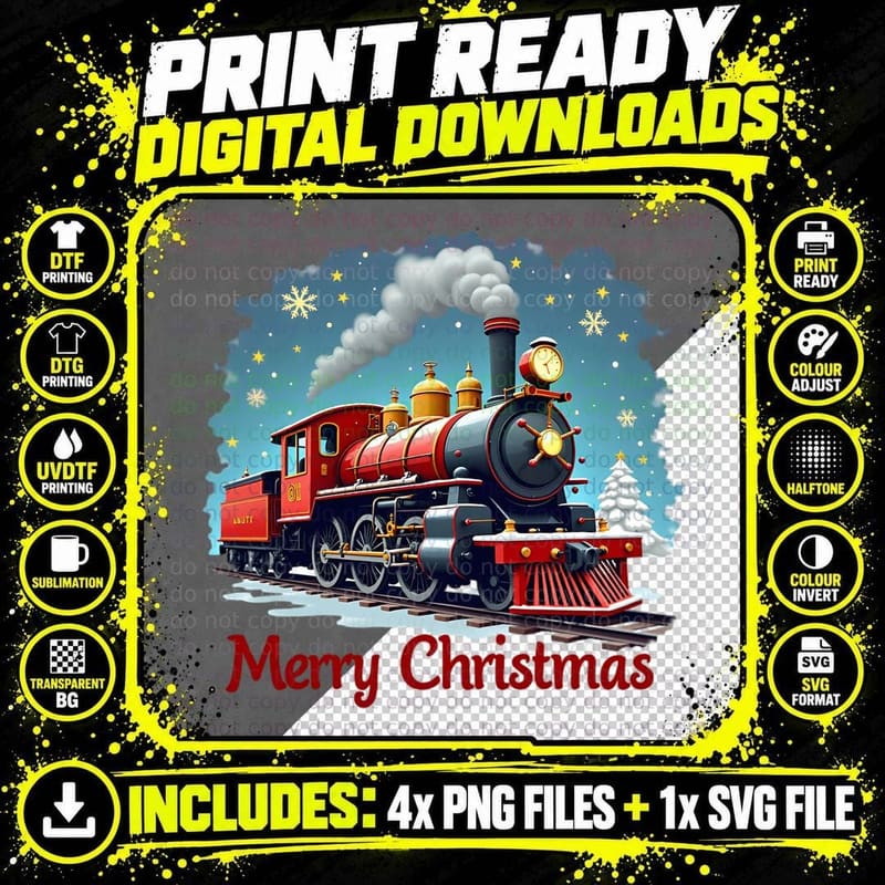 Festive Merry Christmas Locomotive Train Stars Png SVG Digital Bundle