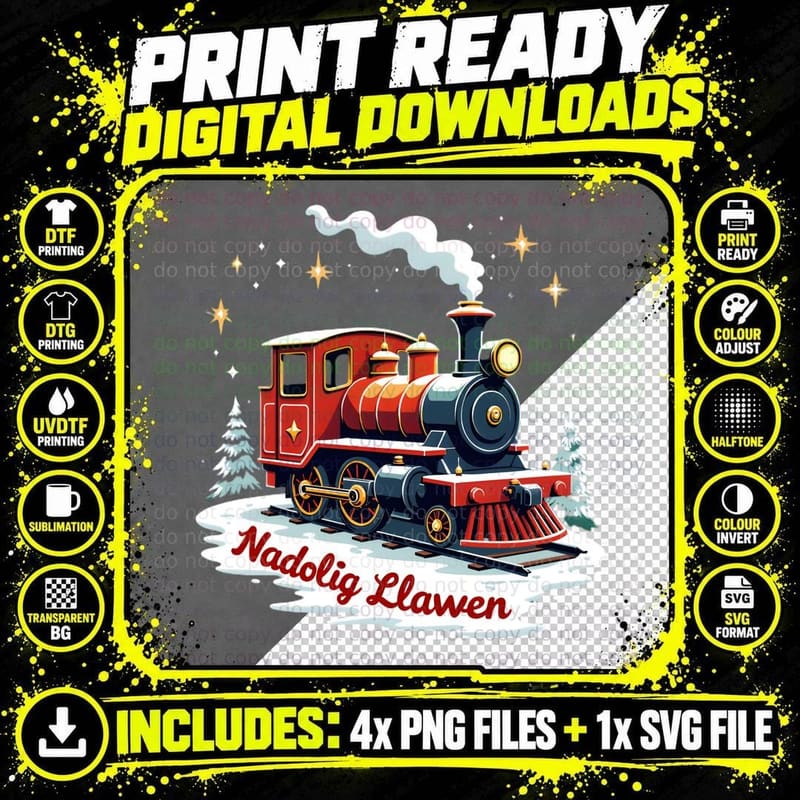Festive Nadolig Llawen Train Stars Snowflakes Welsh Png SVG Digital Bundle
