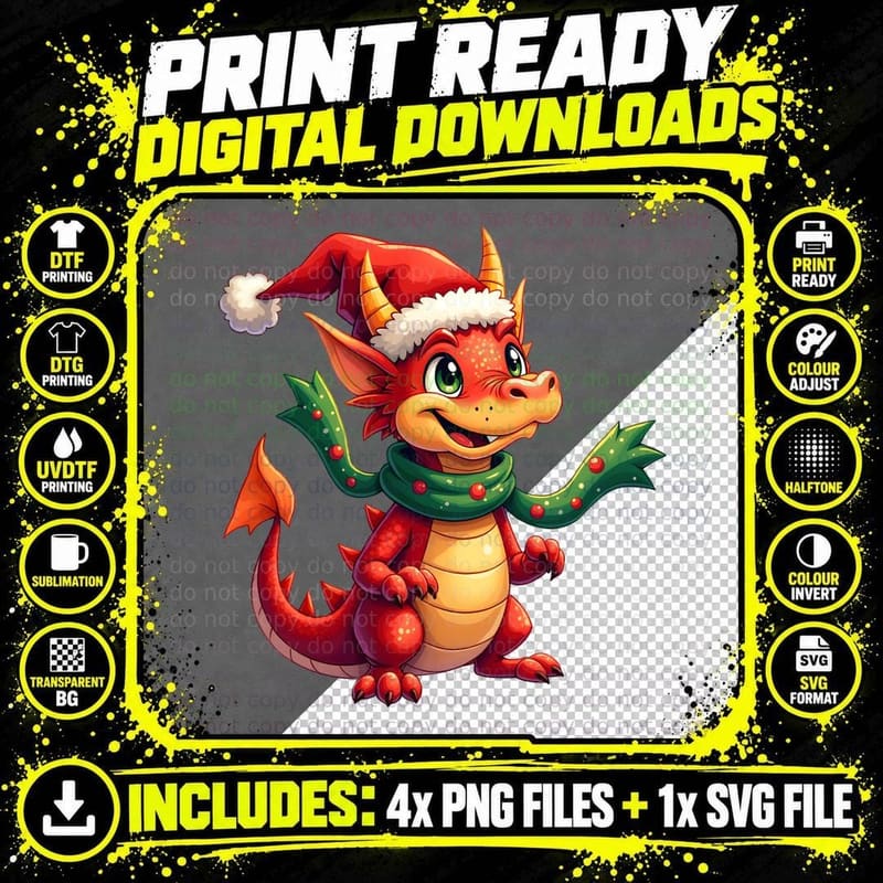 Festive Welsh Dragon with Santa Hat T-Shirt Png SVG Digital Bundle