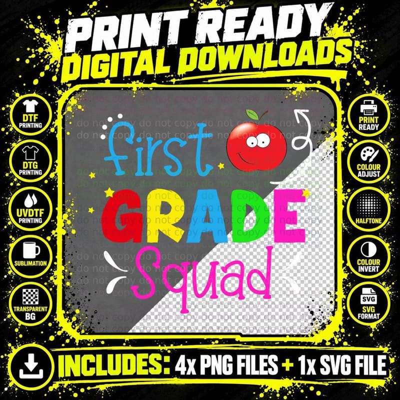First Grade Squad Shirt, Chalkboard Style Png SVG Digital Bundle