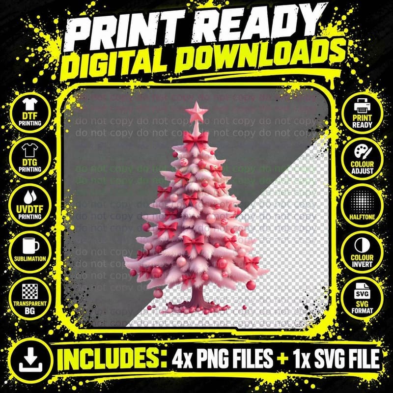 Fluffy Pink Christmas Tree Holiday Ornaments Festive Png SVG Digital Bundle