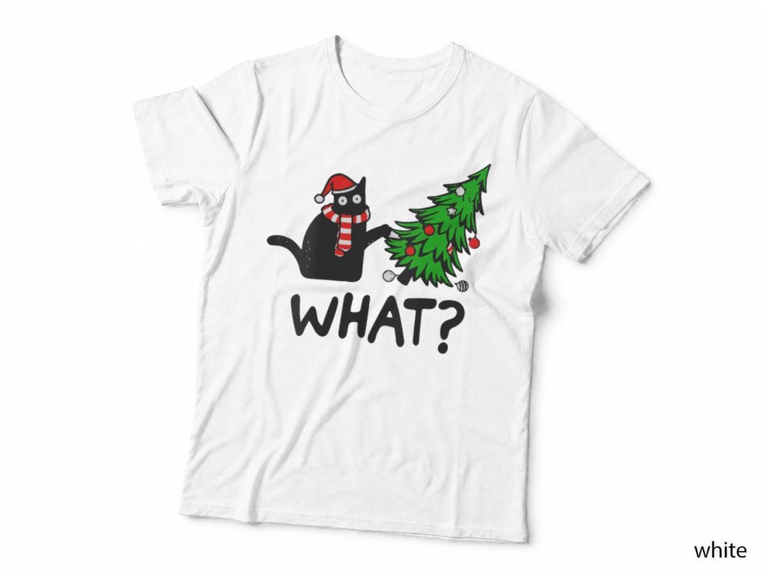 Funny Black Cat Gift Pushing Christmas Tree Over Cat What T-Shirt