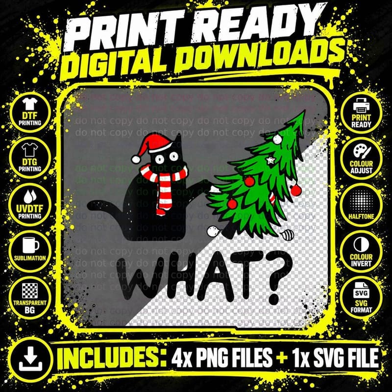 Funny Black Cat Gift Pushing Christmas Tree Over Cat Png SVG Digital Bundle