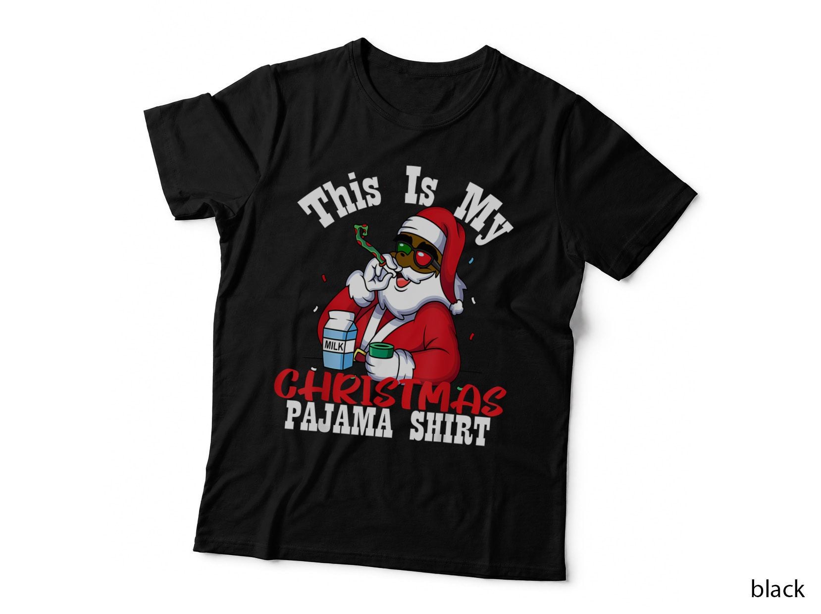 Funny Black Santa Drinking Milk Christmas Pajama Holiday Party T-Shirt
