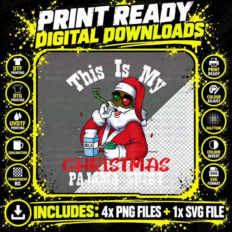 Funny Black Santa Drinking Milk Christmas Pajama Holiday Png SVG Digital Bundle