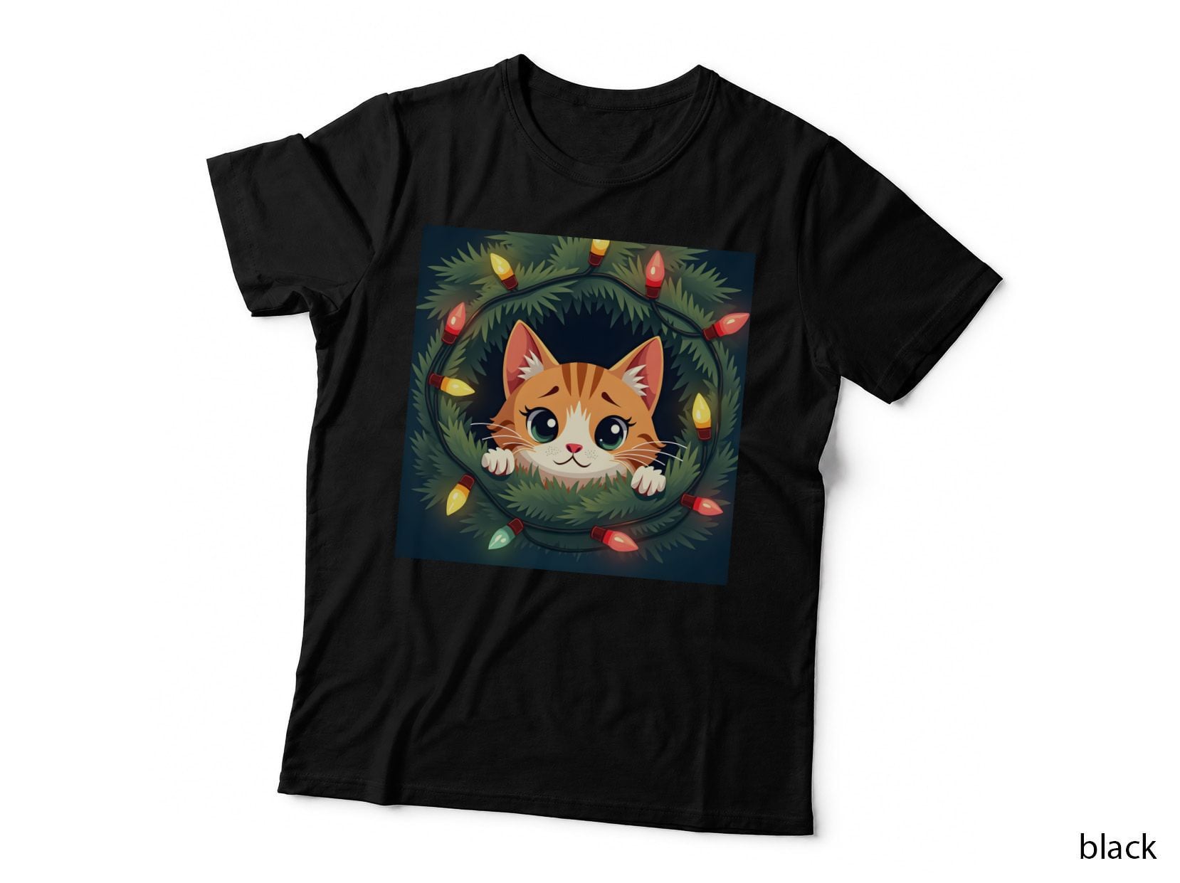 Funny Cat Hiding in Christmas Tree Lights T-Shirt