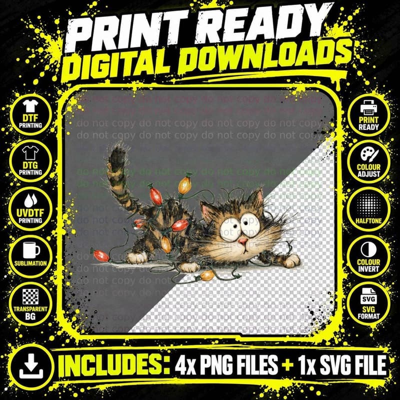 Funny Cat Tangled in Christmas Lights Cute Holiday Gift Png SVG Digital Bundle