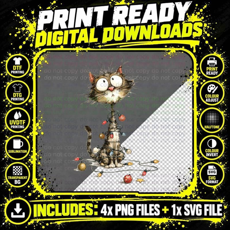 Funny Christmas Cat Tangled in Lights Cute Holiday Gift Png SVG Digital Bundle