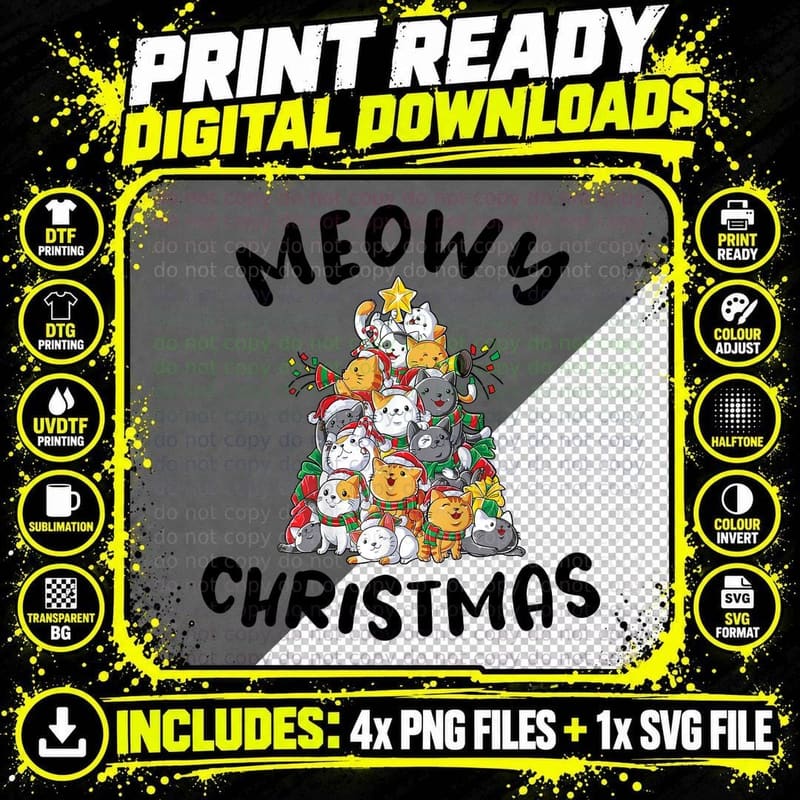 Funny Christmas Cat Tree Cute Cats in Santa Hats Holiday Png SVG Digital Bundle
