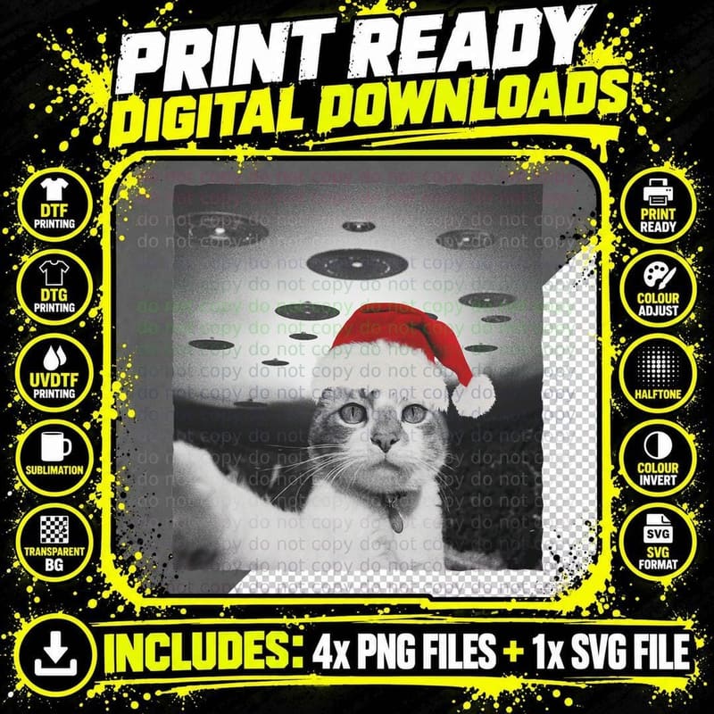 Funny Christmas Cat Wear Santa Hat Selfie with Alien UFO Png SVG Digital Bundle