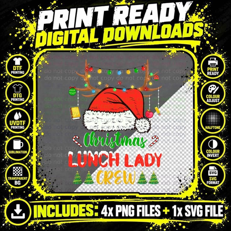 Funny Christmas Lights Lunch Lady Reindeer Santa Gift Png SVG Digital Bundle