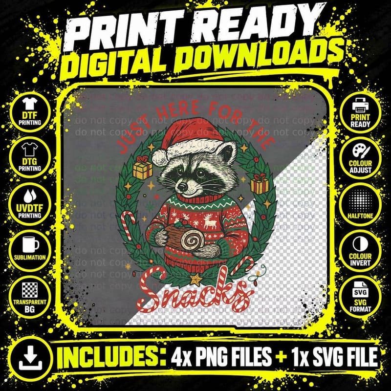 Funny Christmas Raccoon Just Here for the Snacks Cute Png SVG Digital Bundle